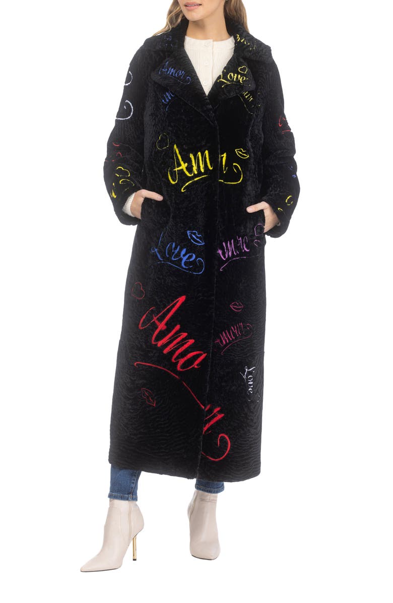 GORSKI Genuine Shearling Embroidered "Love" Coat, Main, color, Black Multi