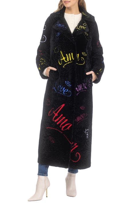 Genuine Shearling Embroidered "Love" Coat