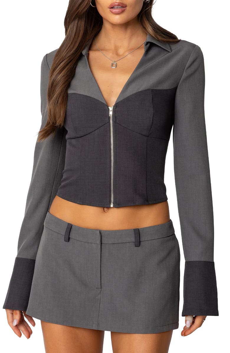 EDIKTED Angela Colorblock Corset Zip Top, Main, color, Gray