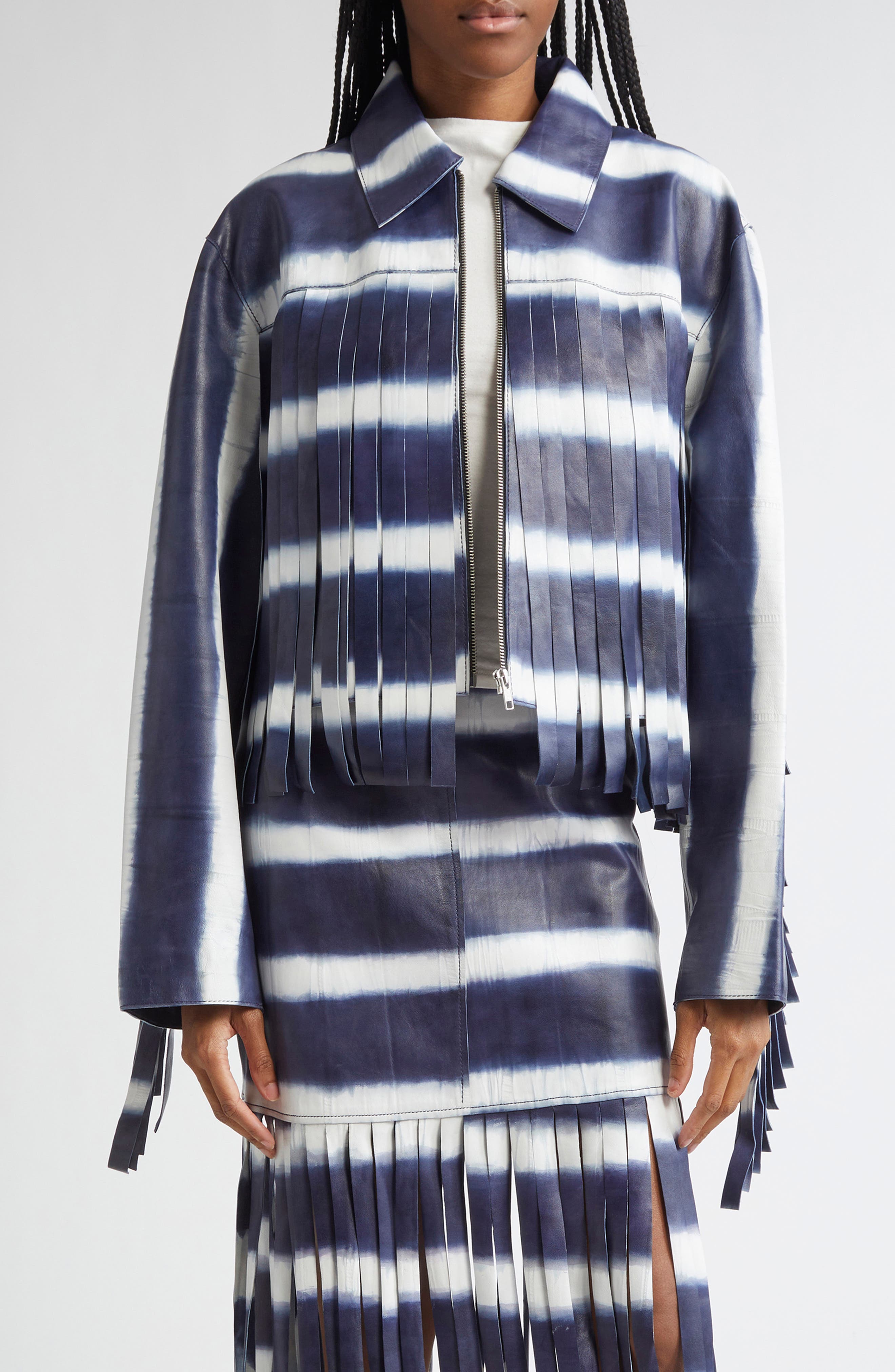 Charlotta Fringe Stripe Crop Leather Jacket