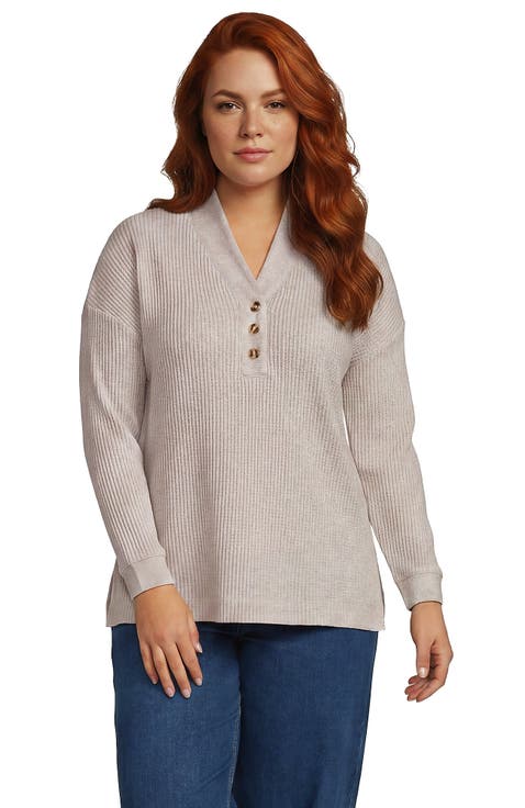 Plus Size Long Sleeve Waffle Shawl Collar Henley