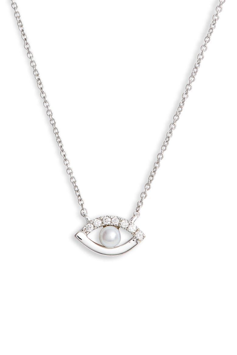 Pearl & Diamond Evil Eye Pendant Necklace, Main, color, WHITE GOLD