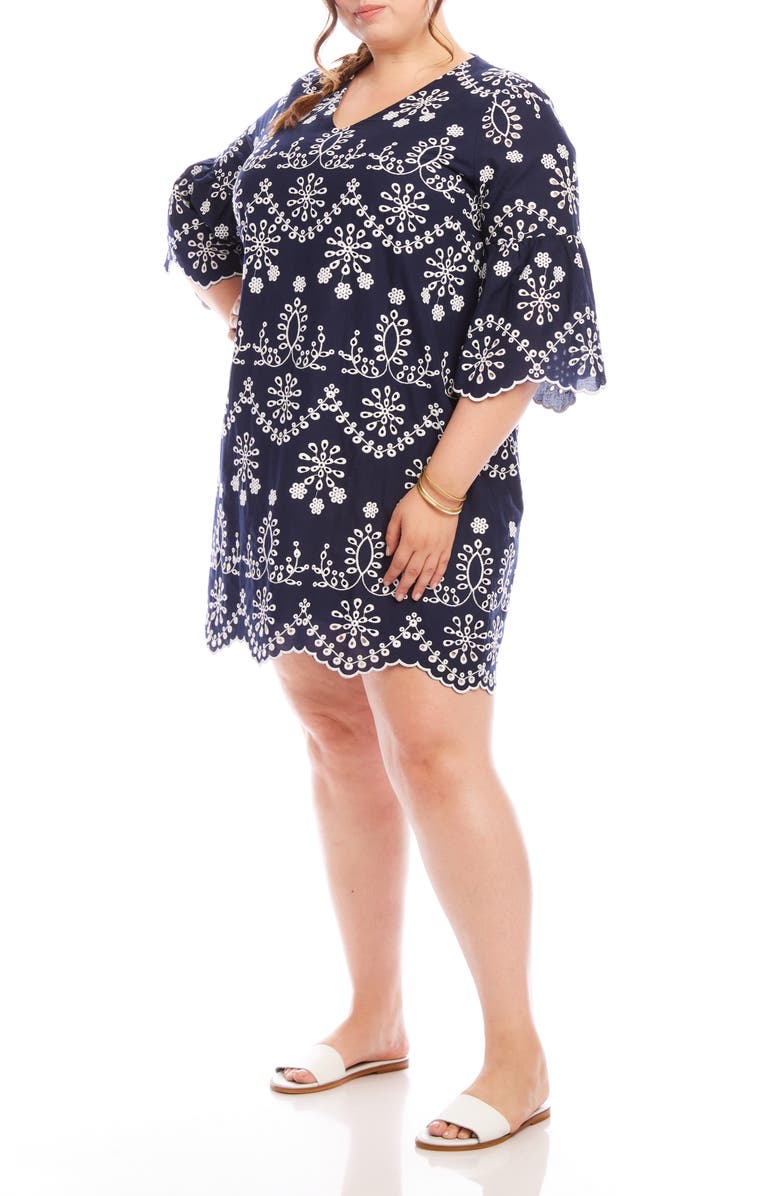 Karen Kane Embroidered Flare Sleeve Cotton Dress, Alternate, color, Navy