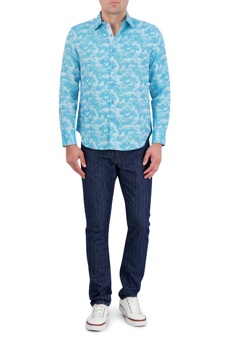Poseidon Linen & Cotton Jacquard Button-Up Shirt, Alternate, color, TURQUOISE