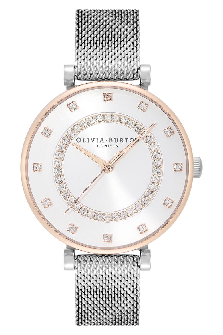 Belgrave Crystal Mesh Strap Watch, 32mm, Main, color, SILVER