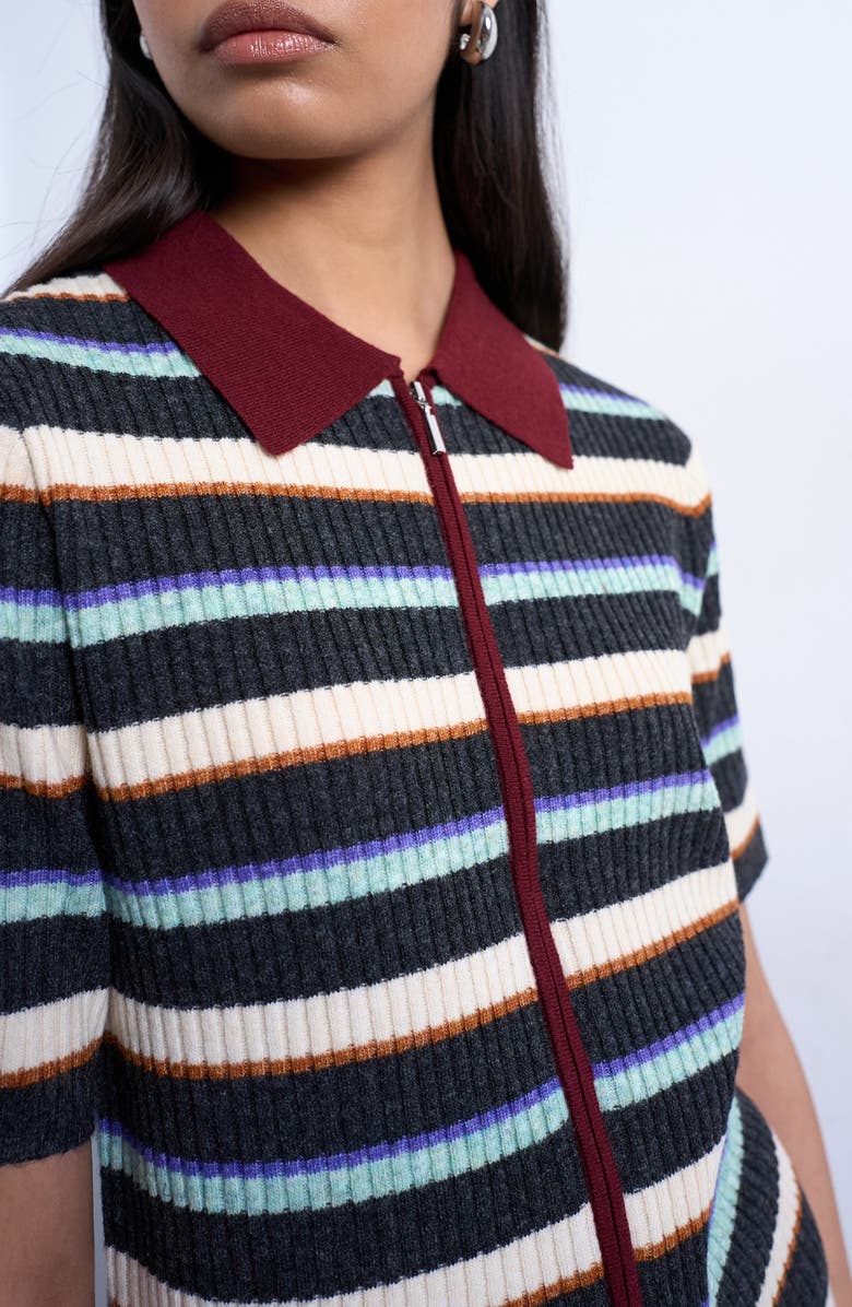 Topshop Stripe Zip Rib Polo, Alternate, color, Burgundy