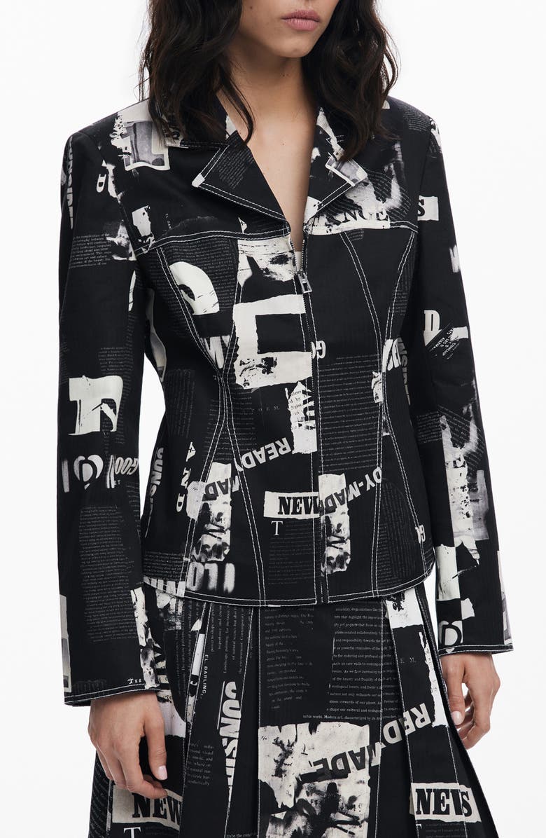 Desigual Mixed Print Stretch Cotton Jacket, Main, color, Dark Gray