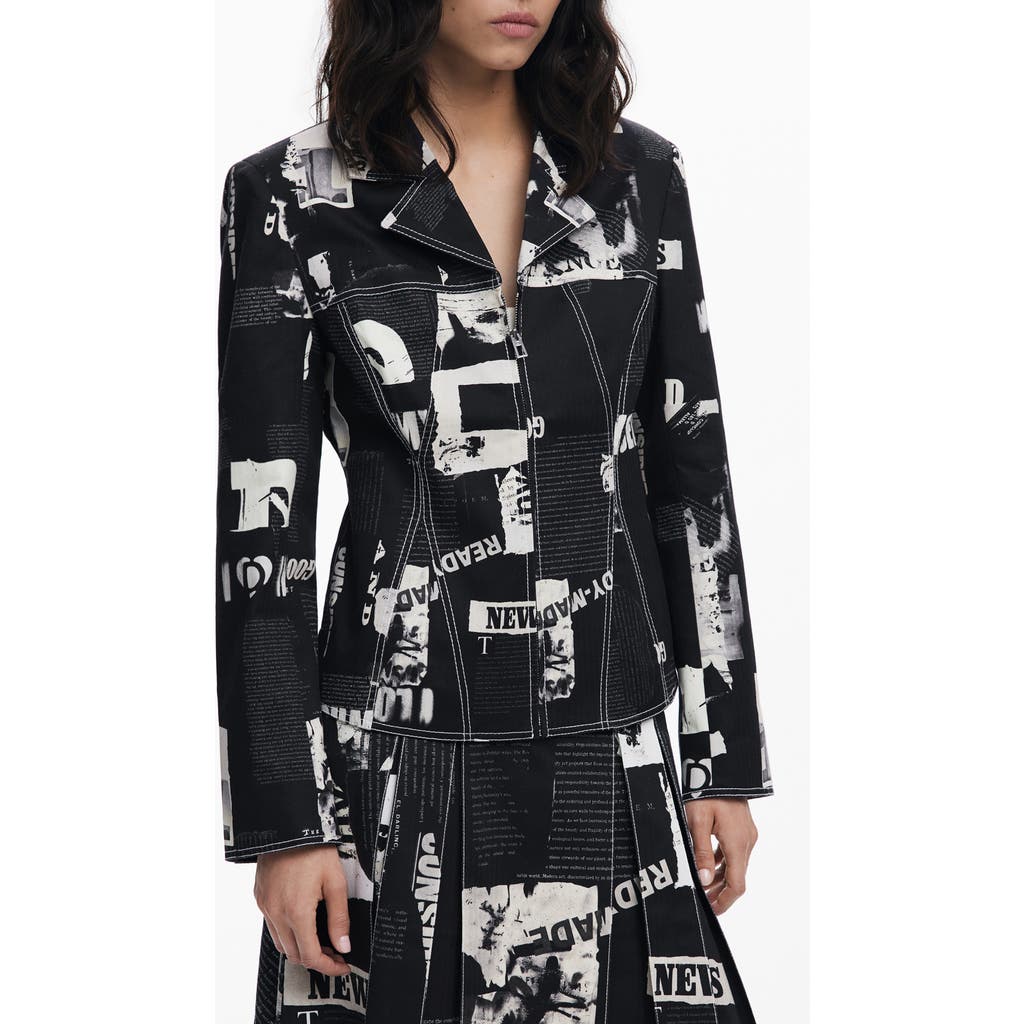 Desigual Mixed Print Stretch Cotton Jacket In Black