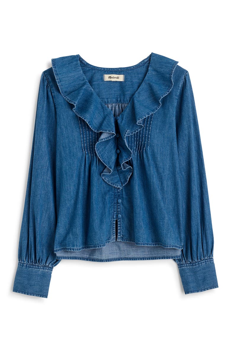Ruffle Pintuck Long Sleeve Denim Top, Alternate, color, LAMBERTVILLE WASH