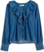 Madewell Ruffle Pintuck Long Sleeve Denim Top