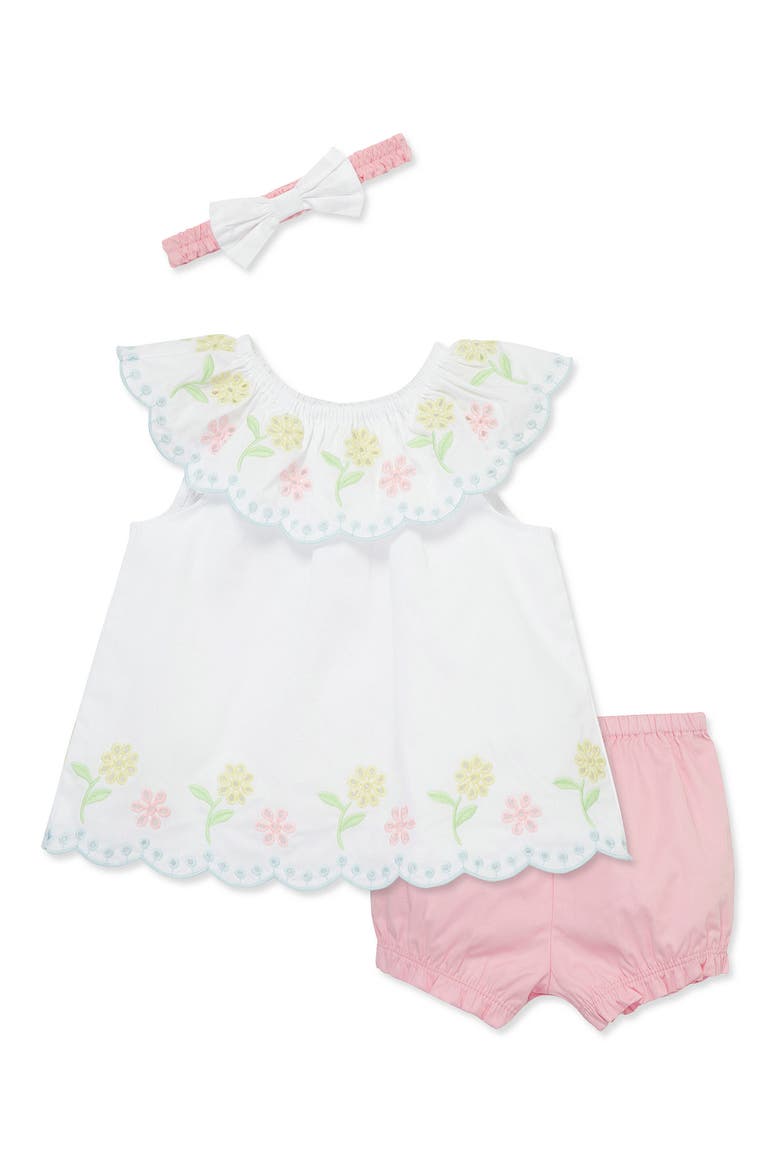 Cotton Eyelet Dress, Bloomers & Headband Set, Main, color, WHITE/PINK