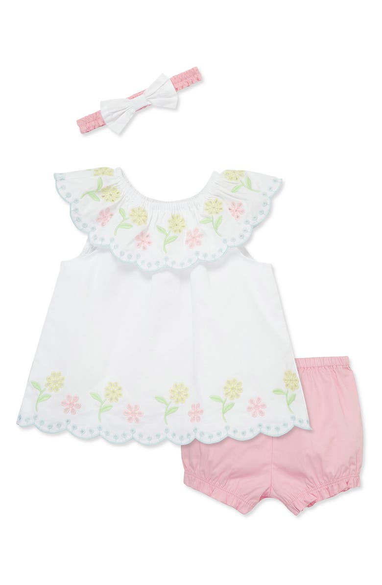 Little Me Cotton Eyelet Dress, Bloomers & Headband Set, Main, color, White/ Pink