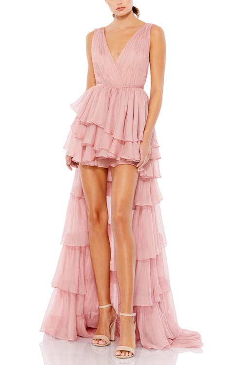 Mac Duggal Women's High Low Tiered Gown With Built In Bodysuit In Rose Pink