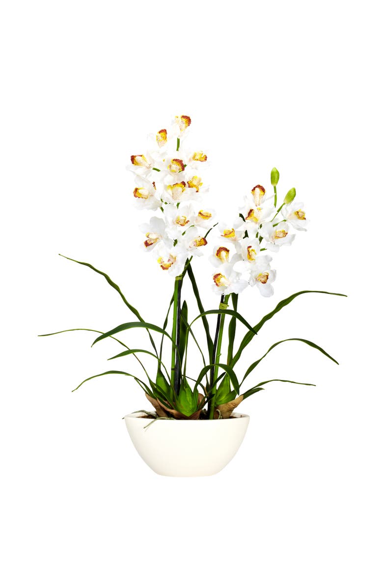 NEARLY NATURAL Cymbidium with White Vase Artificial Flower Arrangement, Main, color, White