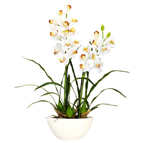 Cymbidium with White Vase Artificial Flower Arrangement