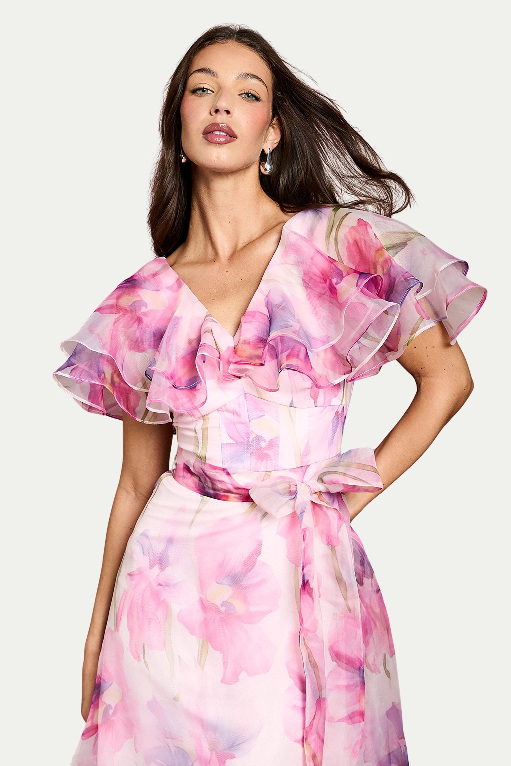 organza frill dress Multi Coast Printed Organza Frill Trim Midi Dress