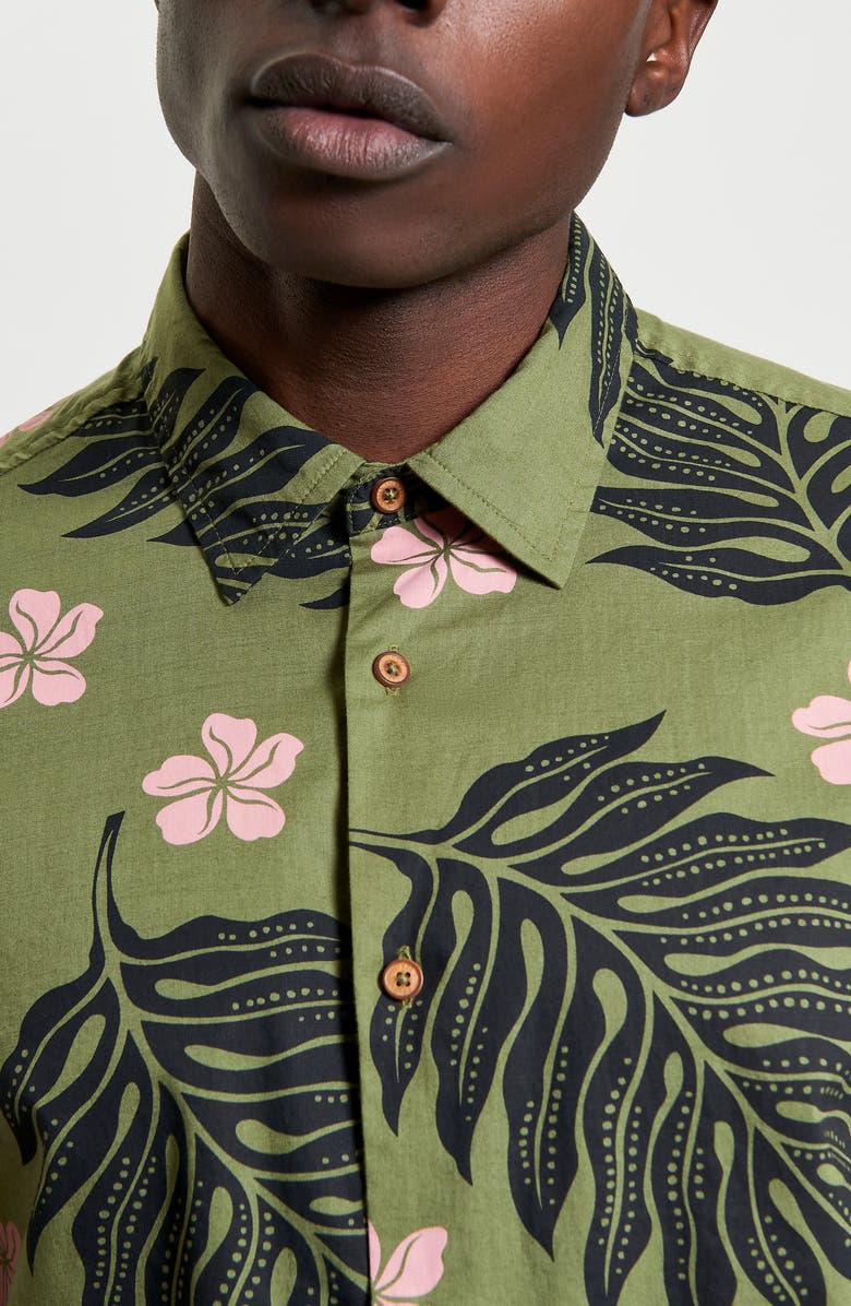 Ben Sherman Leaf Print Short Sleeve Cotton Button-Up Shirt, Alternate, color, 