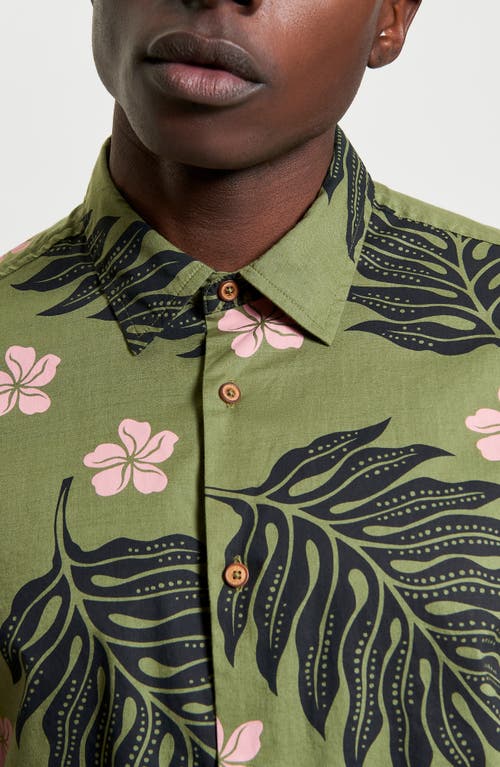 Ben Sherman Leaf Print Short Sleeve Cotton Button-up Shirt In Olive