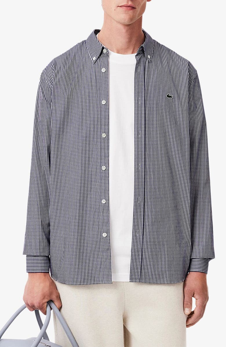Lacoste Checker Cotton Pinpoint Button-Down Shirt, Main, color, White/ Navy Blue