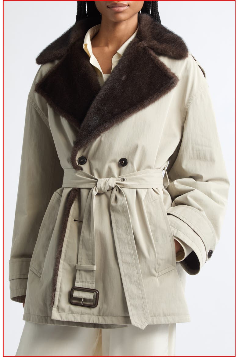 Faux Fur Collar Oversized Trench Coat, Alternate, color, STONE