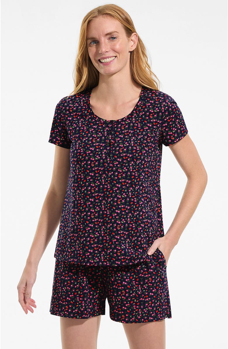 Lands' End Knit 2 Piece Pajama Set - Short Sleeve Top and Shorts, Main, color, Deep Sea Floral Strawberries