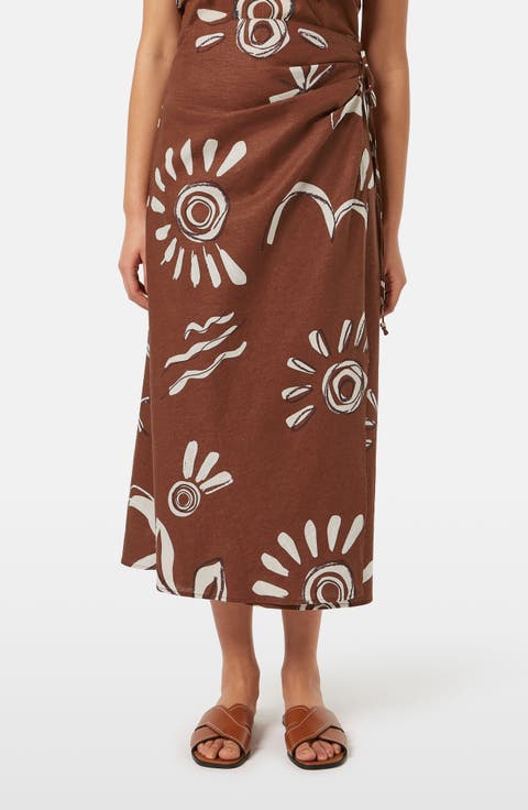Print Stretch Linen Blend Midi Wrap Skirt