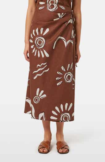 Print Stretch Linen Blend Midi Wrap Skirt