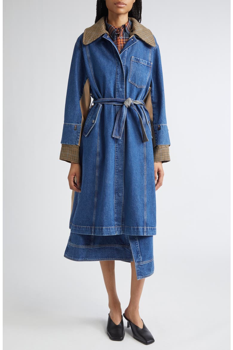 Mixed Media Trench Coat, Alternate, color, INDIGO MULTI