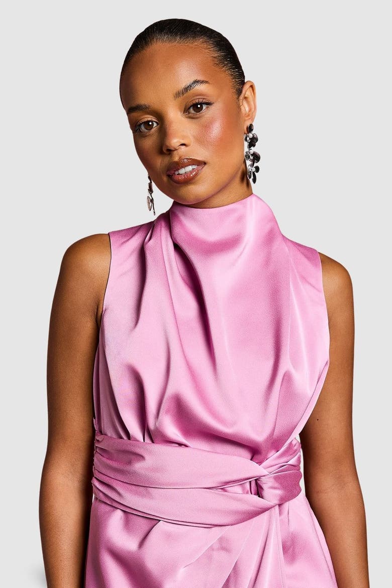 petite satin midi dress Olive Coast Petite Satin Ruched One Shoulder Asymmetric Hem Midi Dress