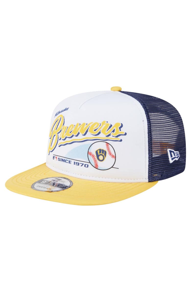 New Era Men's New Era White/Gold Milwaukee Brewers Retro Script Trucker 9FIFTY Snapback Hat, Main, color, 