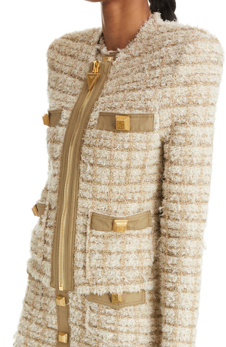 Balmain Collarless Metallic Tweed Jacket, Alternate, color, 