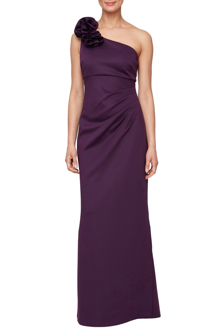 Rosette One-Shoulder Gown, Main, color, PLUM