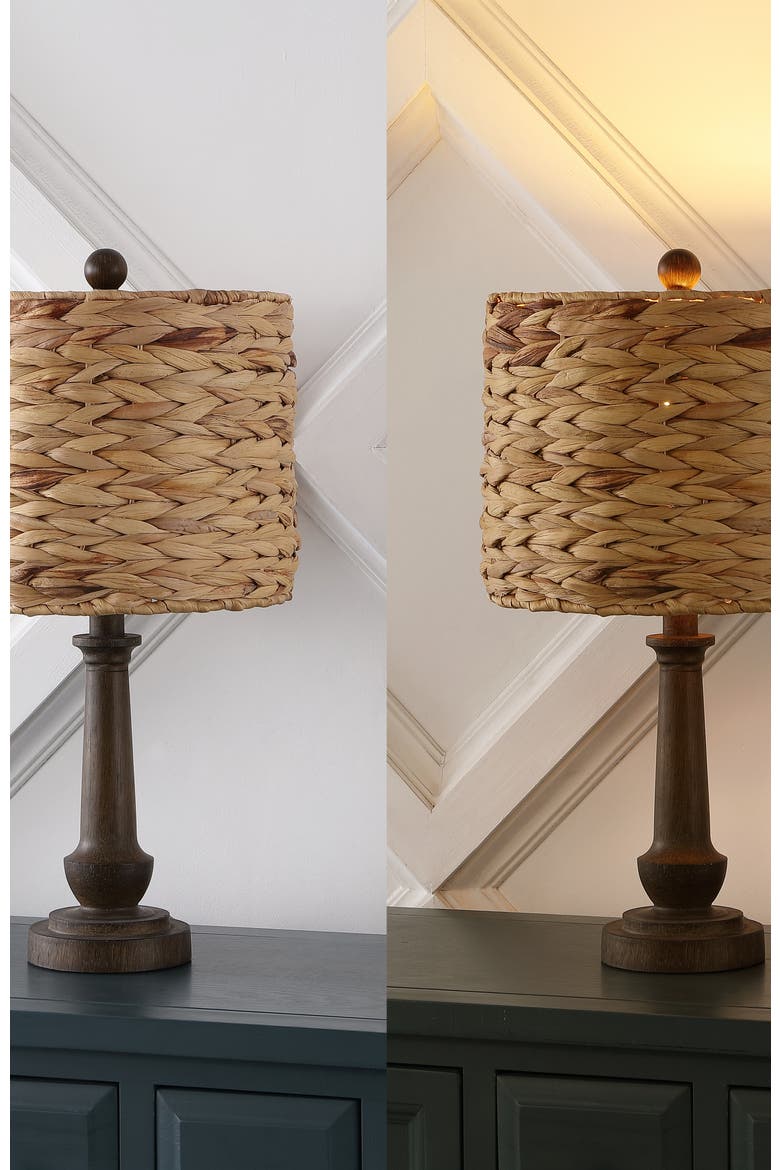 Leona 21.25" Rustic Farmhouse Handwoven Water Hyacinth/Resin LED Table Lamp, Brown Wood Finish, Alternate, color, Brown Wood Finish
