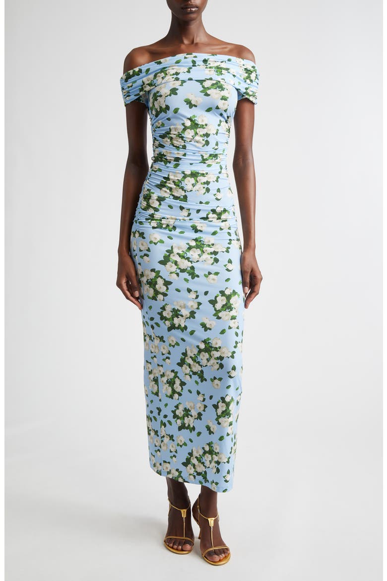 Floral Print Ruched Off the Shoulder Jersey Dress, Main, color, CLOUDY BLUE MULTI