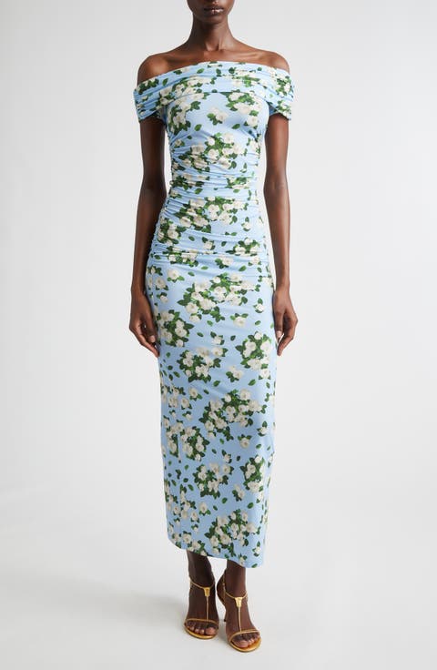 Floral Print Ruched Off the Shoulder Jersey Dress