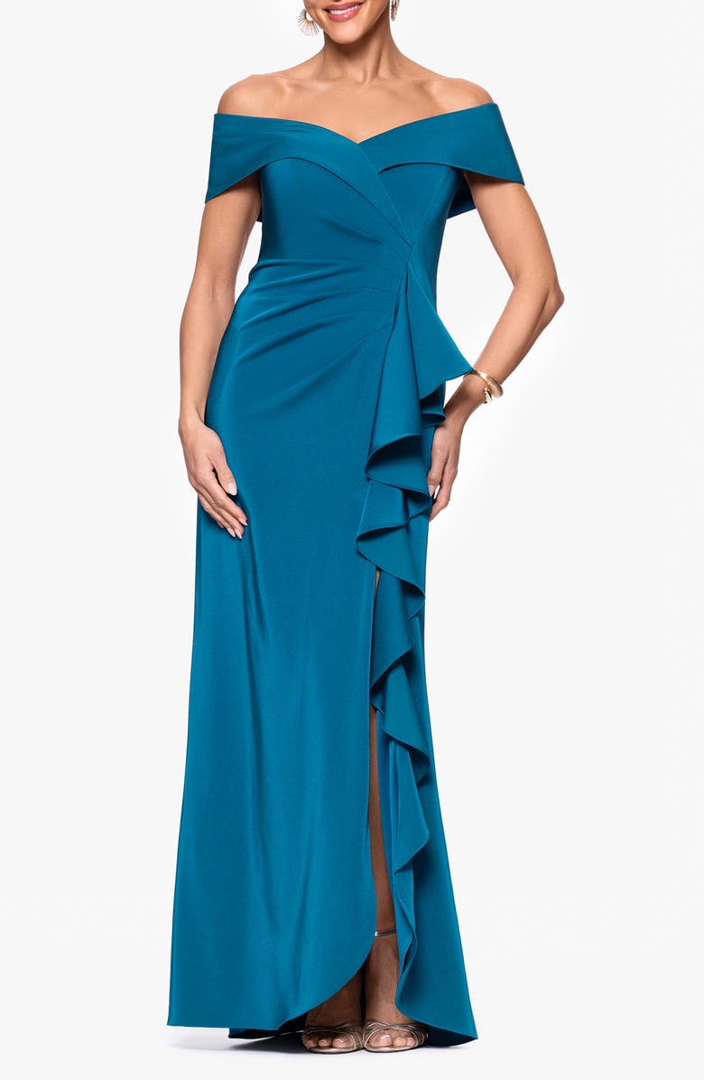 Xscape Evenings Ruffle Off the Shoulder Satin Faille Trumpet Gown, Main, color, Peacock