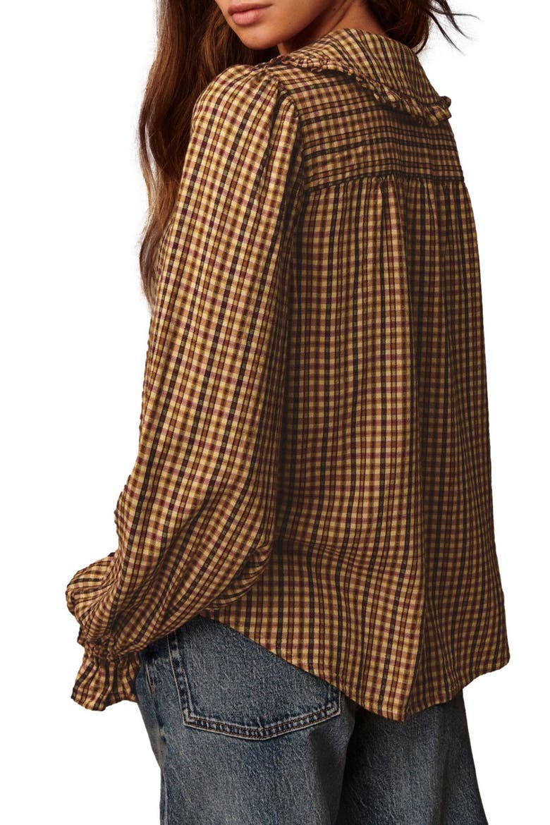 Check Ruffle Collar Button-Up Shirt, Alternate, color, BROWN