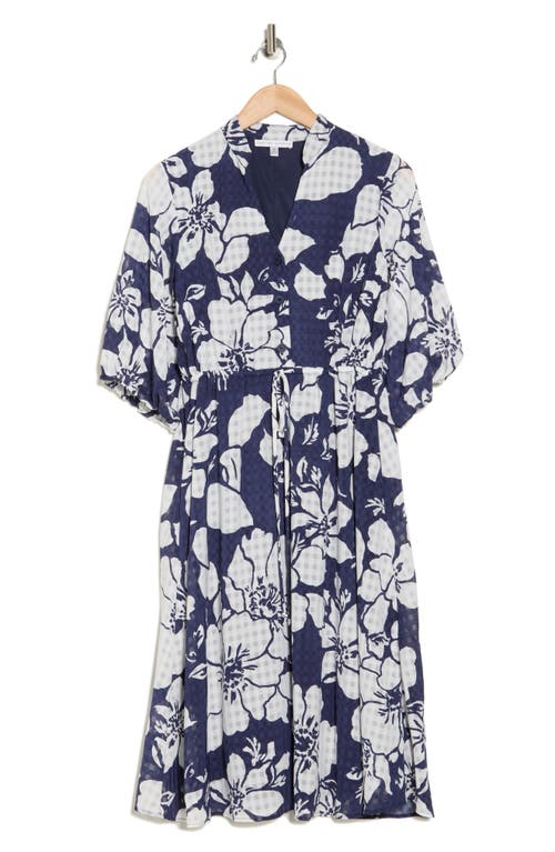 Sandra Darren Floral Gingham Balloon Sleeve Midi Dress In Navy/white