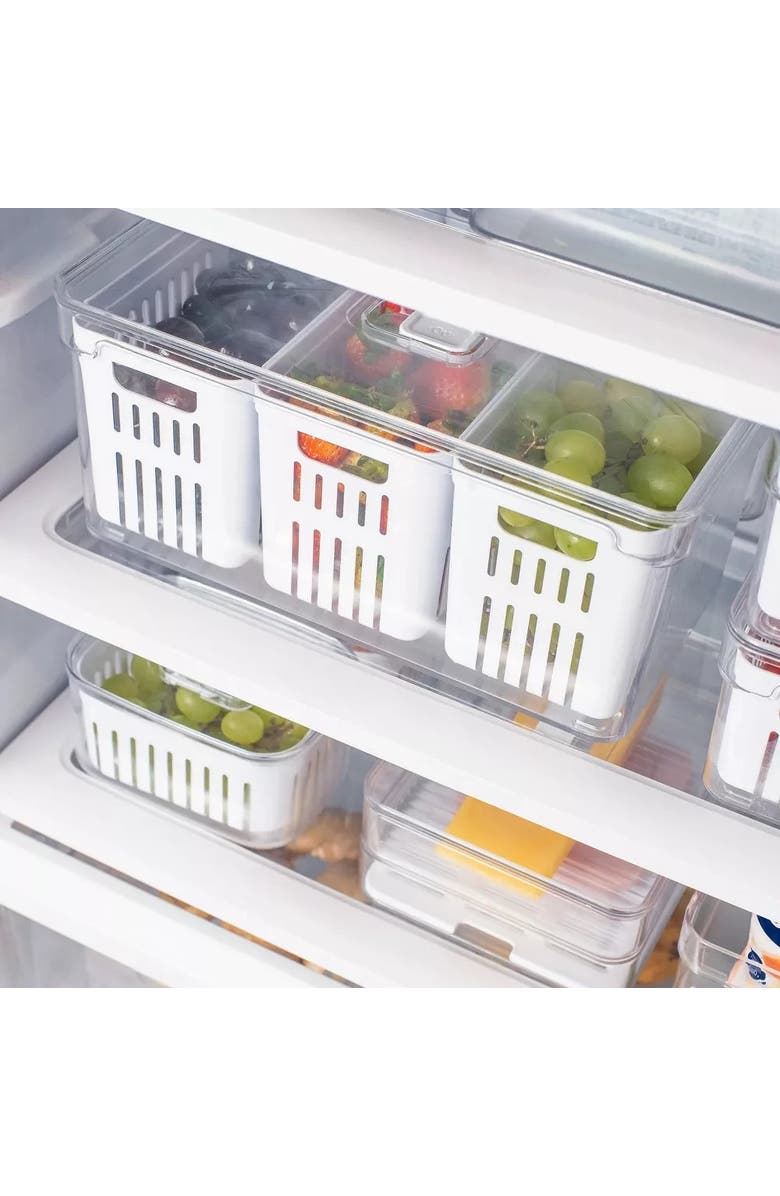 OU Clear Stackable Fridge Organizer Bin with Drain Basket and Vented Lid, 5.3 Quart Capacity, Alternate, color, 