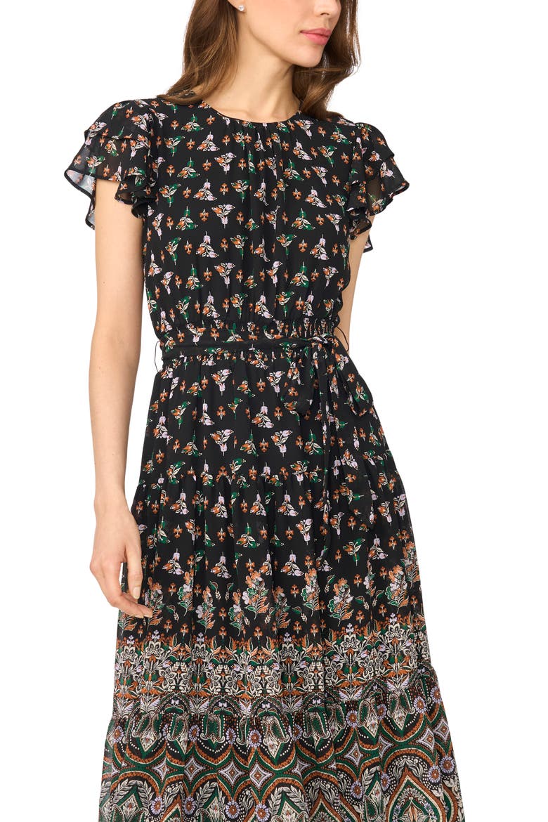 Floral Print Flutter Sleeve Midi Dress, Alternate, color, ALPINE GREEN