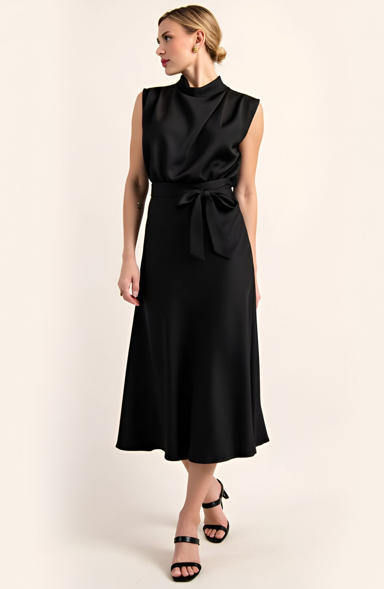 Modenaire Sleeveless Mock Neck Midi Dress with Waist Tie and Flared Hem, Main, color, 