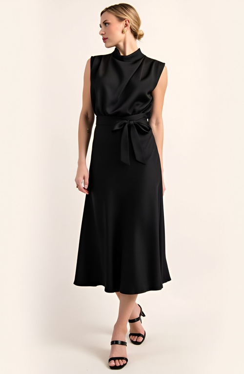 Modenaire Sleeveless Mock Neck Midi Dress With Waist Tie And Flared Hem In Black