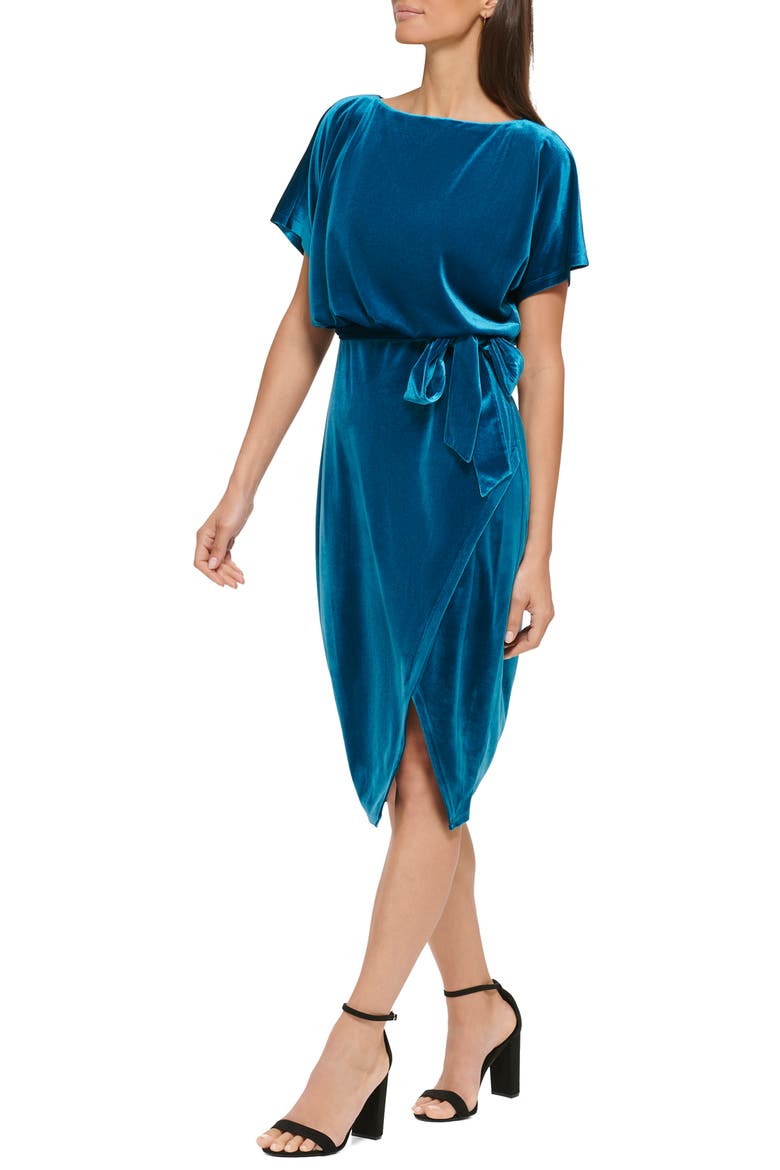Stretch Velvet Faux Wrap Dress, Alternate, color, TEAL