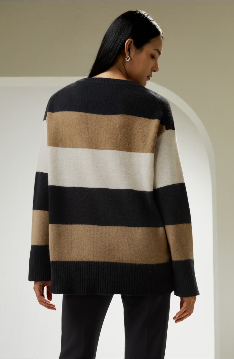 Lilysilk Women's Tri-colored Stripe Cashmere Sweater, Alternate, color, Black&Camel&Beige
