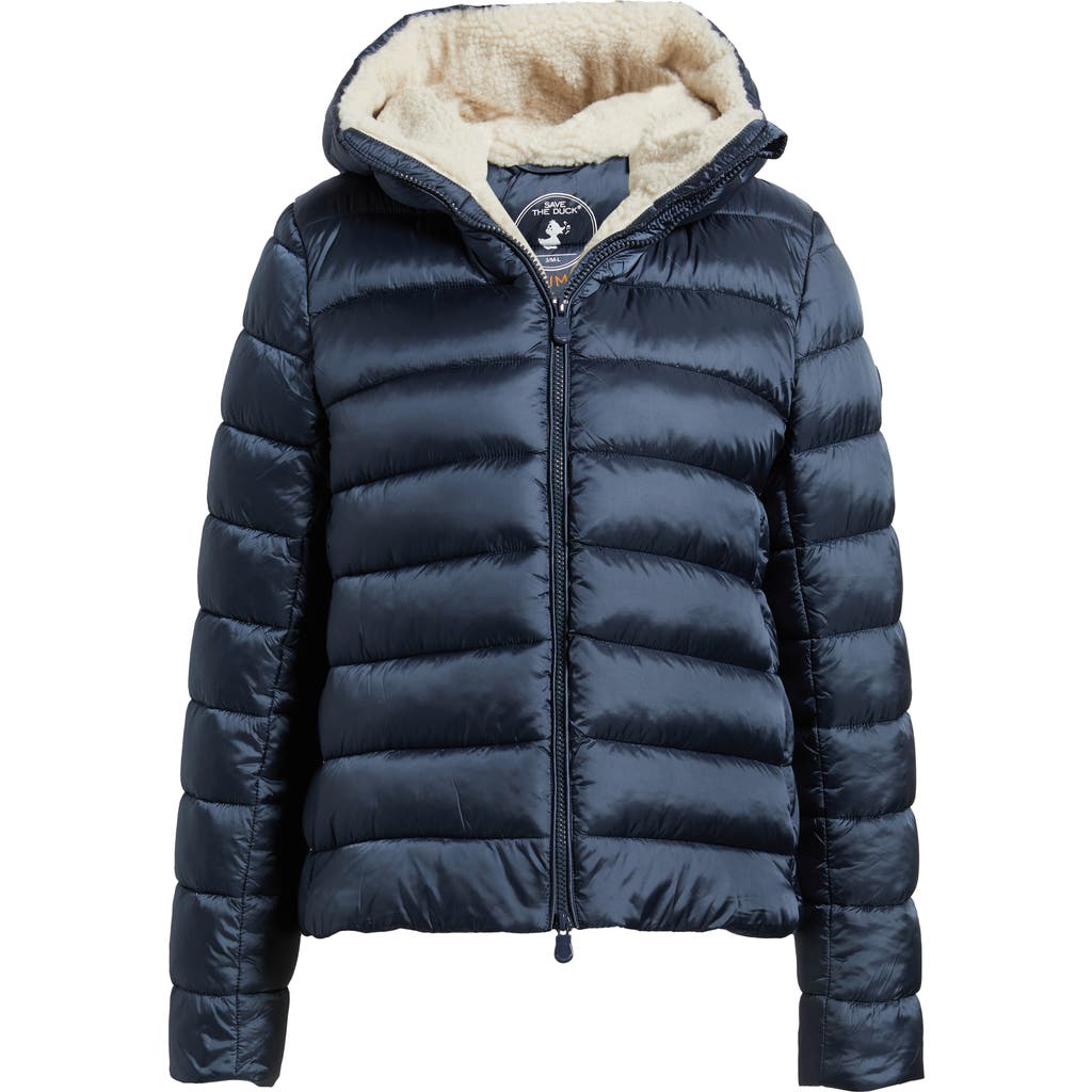 Save The Duck Gretel Faux Shearling Lining Hooded Puffer Jacket In Blue