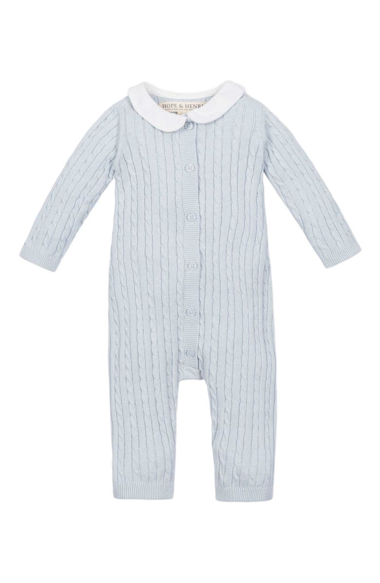 Hope & Henry Baby Organic Peter Pan Collar Sweater Romper, Infant, Main, color, Airy Blue Cable