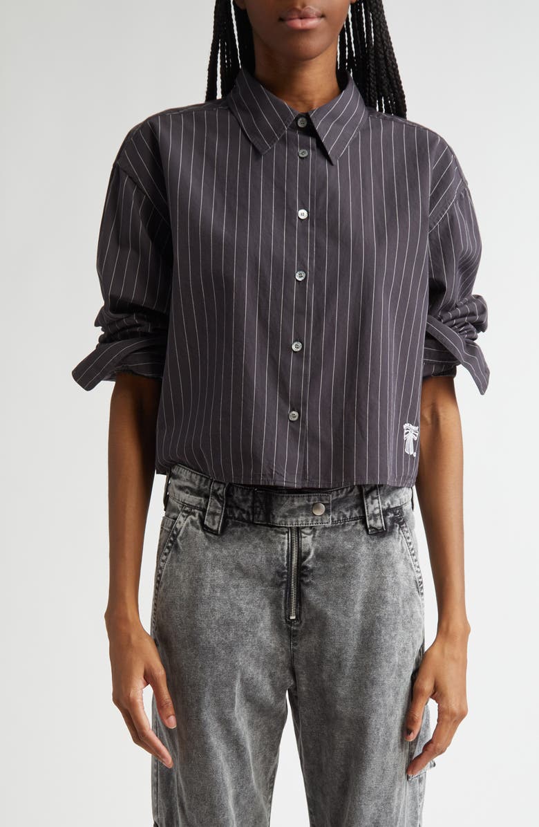 Acne Studios Satai Stripe Crop Organic Cotton Poplin Button-Up Shirt, Main, color, Black/ White J83