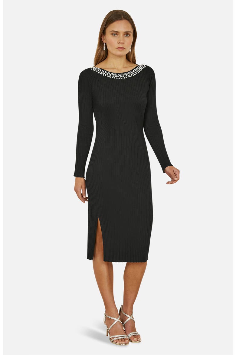 Bedazzled Neck Fitted Midi Knitted Dress, Alternate, color, Black