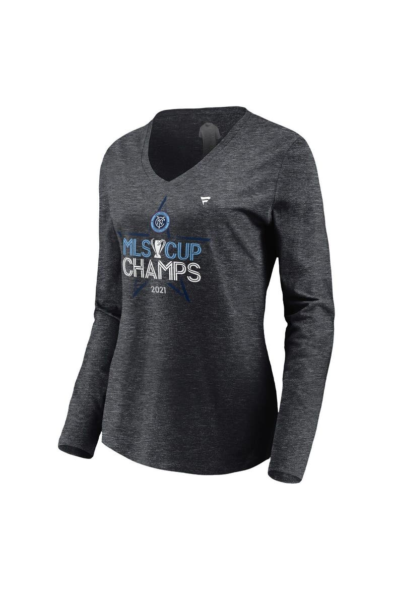 Women's Fanatics Branded Heathered Charcoal New York City FC 2021 MLS Cup Champions Locker Room Long Sleeve V-Neck T-Shirt, Alternate, color, Heather Charcoal