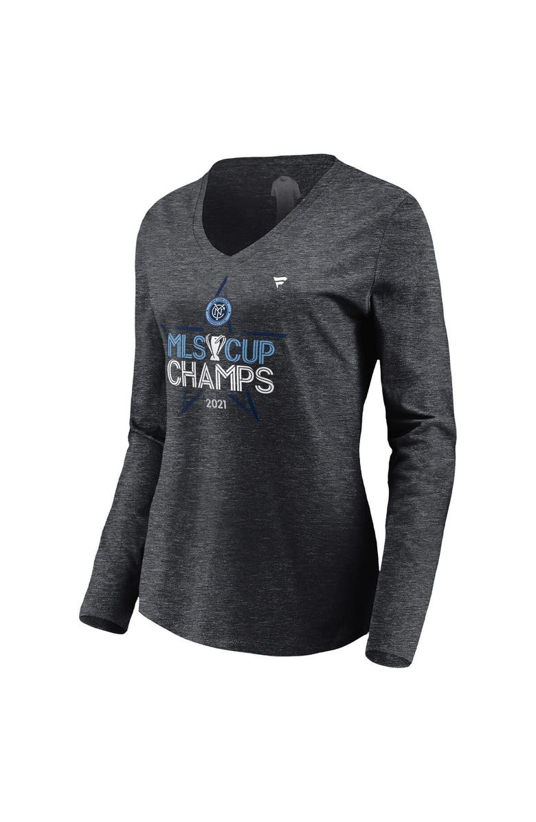 FANATICS Women's Fanatics Branded Heathered Charcoal New York City FC 2021 MLS Cup Champions Locker Room Long Sleeve V-Neck T-Shirt, Alternate, color, 